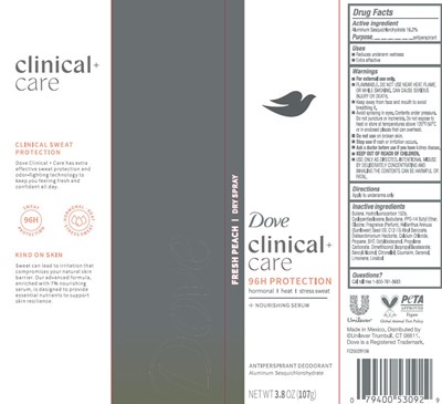 Label (Dove Clinical + Care 96h Protection Fresh Peach Dry Spray Antiperspirant Deodorant   Artwork)